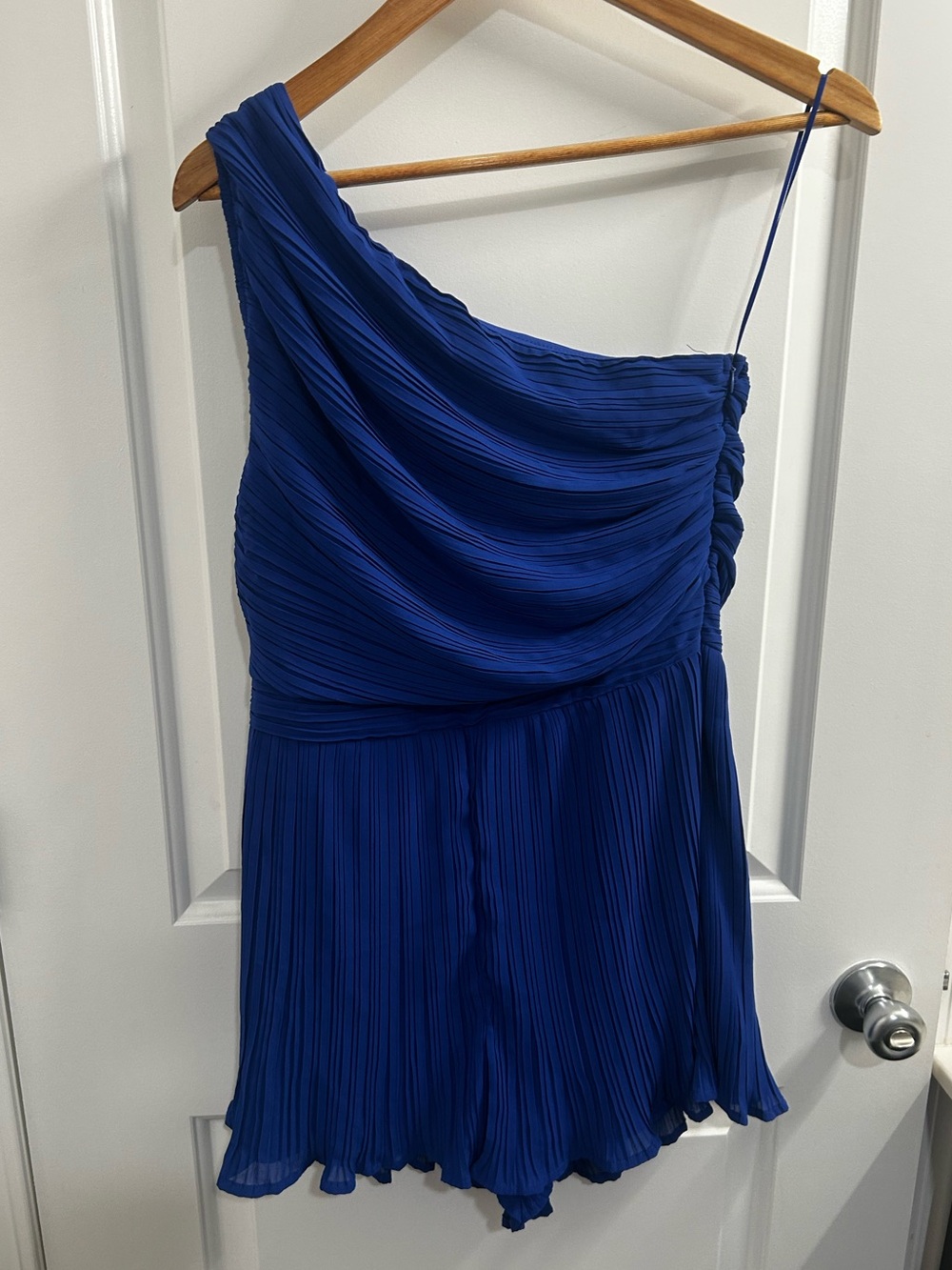 Royal Blue One Shoulder Pleated Romper Sz L NWT